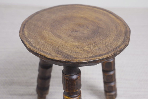 Image 1 of Vintage Bobbin Turned Wooden Stool Plant Stand Brutalist Rustic Tripod Stool Farmhouse Wabi Sabi Decor
