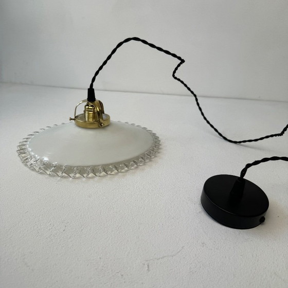 Image 1 of Vintage Opaline Glass Pendant Light with Scalloped Edges, 25 cm