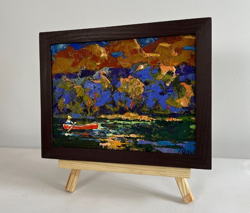 Original Oil Painting Autumn River Landscape Evening boat ride