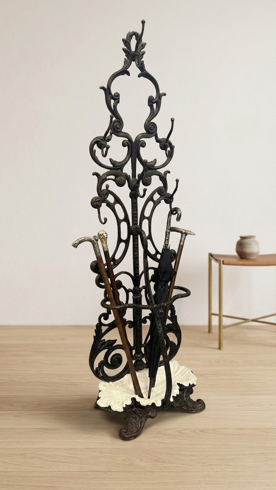 Image 1 of Antique Cast Iron Hall Stand, Victorian Coat Rack with Marble Base, Ornate Hall Tree, 19th Century