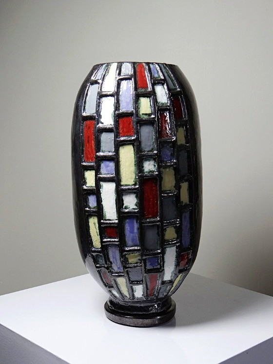 Image 1 of Large modernist vase in vintage black glazed ceramic art pottery from the 1950s-1970s