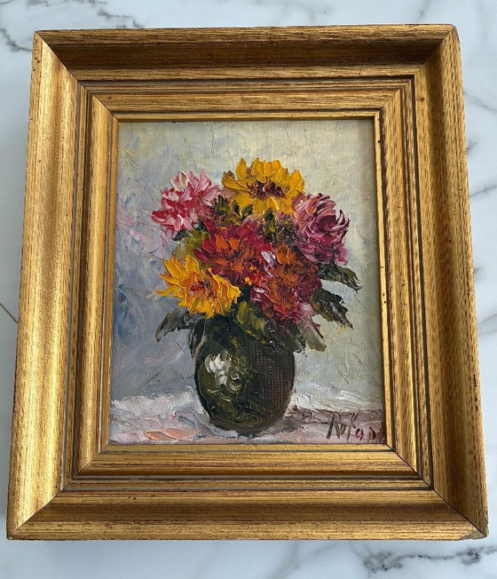 Image 1 of Antique oil painting, still life, bouquet of dahlias