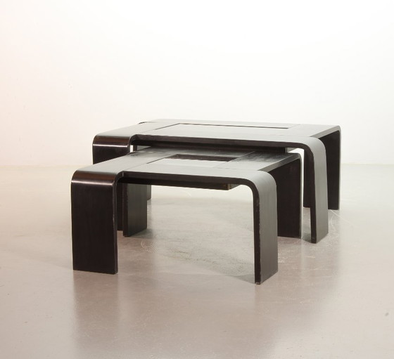 Image 1 of Mesa de centro rectangular de contrachapado lacado en negro estilo Ake Fribyter con panel de cristal ahumado, años 70.