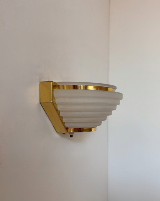 Paar vintage Wandlampen van messing en gezandstraald glas, Frankrijk 1970 – Brass (photo 5 of 5)