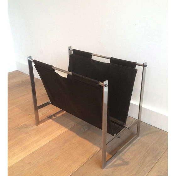 Image 1 of Vintage brushed steel and leather magazine rack, 1970