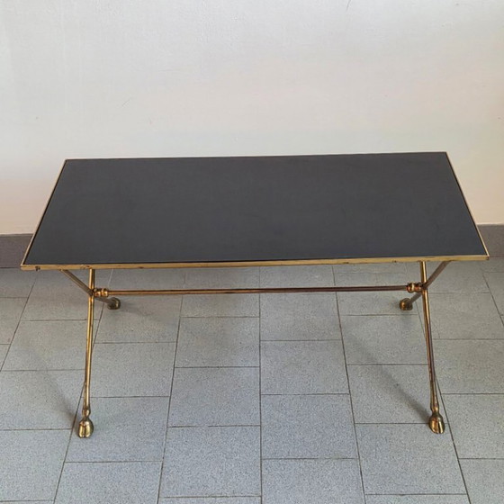 Image 1 of Vintage 1970s Maison Jansen coffee table in bronze and glass with goat's feet, 70s chic