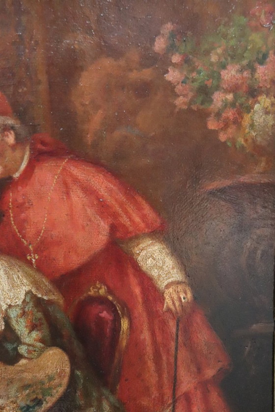 Image 1 of Olieverfschilderij op karton, Jonge schilderes met kardinaal, Italië, 19e eeuw