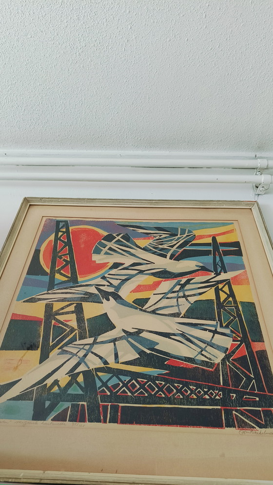 Image 1 of La société Kleurrijk Industriële Vormgeving Houtdruk Gesigneerd 1961 'Meeuwen' (en anglais)