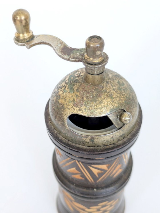 Image 1 of Vintage Folk Art Carved Wooden Pepper Mill Brass Hand Crank Mediterranean Rustic