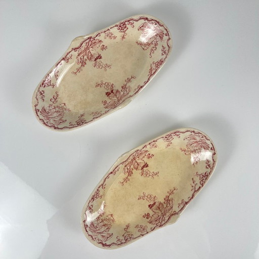 Coppia di piatti da portata ovali con manici laterali, KG Lunéville, Ironstone, "Fontainebleau", rosa, XIX secolo