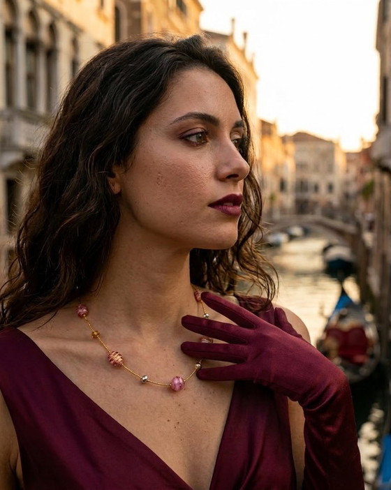 Image 1 of Murano Glass Necklace with Gold Leaf – Handcrafted Pink Beads – 47 cm – with Certificate