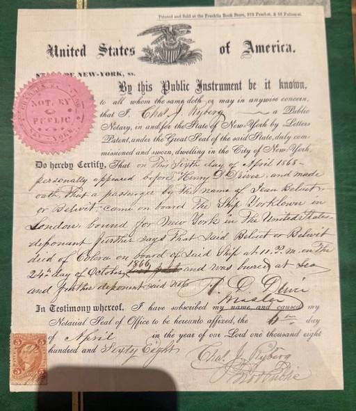 Historisches Notardokument aus New York, 1868
