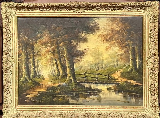 J. Somers, "Paesaggio boschivo." Olio su tela., Dipinti e disegni (foto 2 di 8)