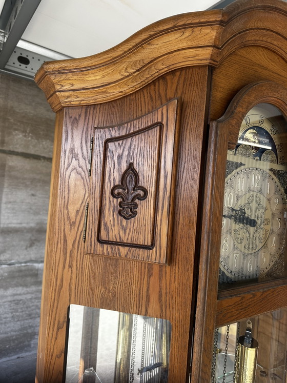 Grote eikenhouten staande klok met slagwerk en maanfase-indicator – Klokken, Wood, Brass (photo 13 of 15)