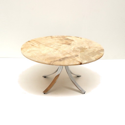 Round vintage onyx coffee table with chrome base from 1970s