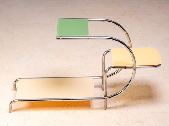 Vintage bloemenstandaard van Emile Guyot, Bauhaus verchroomd staal met gekleurd glas, midden 20e eeuw, (photo 6 of 6)