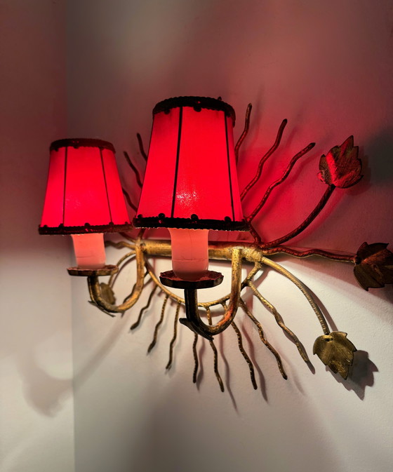 Image 1 of Applique da parete a forma di sole con foglie dorate, anni '60