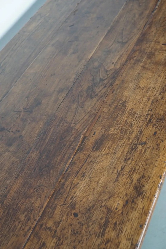 Image 1 of Table à manger rustique française ancienne en bois de fruit et de chêne, début du XXe siècle