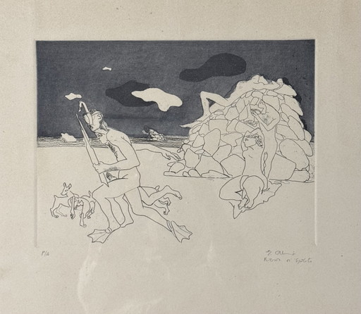 Ennio Calabria, 50x70 cm, gravure van zwemmers, huisdecoratie, moderne kunst