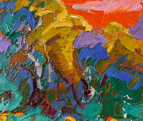 Image 1 of Original Oil Painting Autumn Evening Landscape Noon on the field
