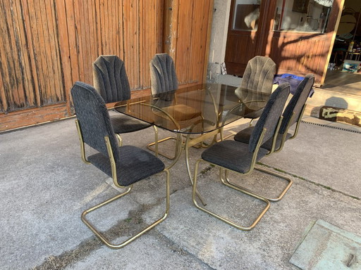 Vintage Italiaanse Eetkamerstoelen en Tafel in Messing, Jaren 70, Set van 7