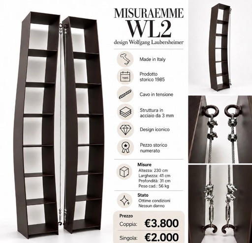 MisuraEmme WL2 Paar Stahl-Bücherregale, 7 Einlegeböden, 230x41 cm, 1985, nummeriert