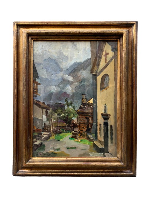 Pintura al óleo sobre lienzo: Pueblo con iglesia de Giovanni Sirombo, años 40
