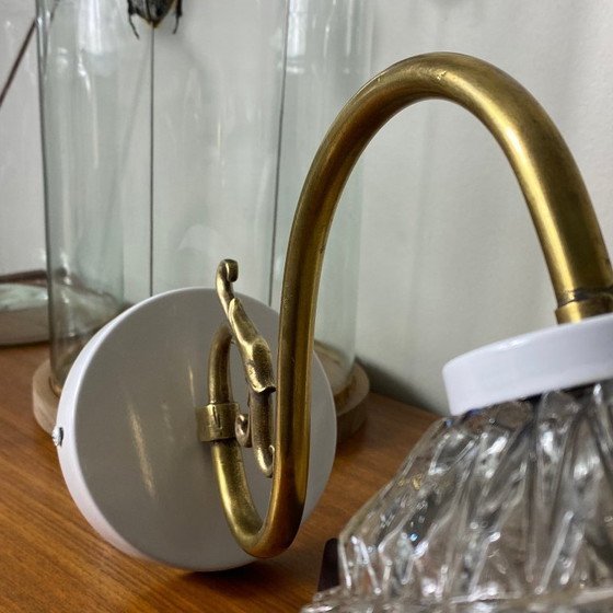 Image 1 of Large pair of brass gooseneck wall lights, clear glass globes, white metal rosettes