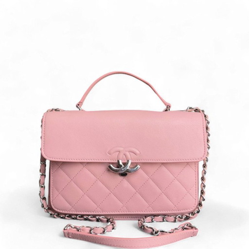 Borsa Chanel CC Box Flap - Pelle di vitello trapuntata rosa con finiture argentate, serie 24