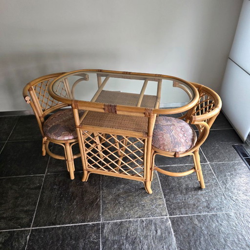 Vintage bamboo and rattan dining set (bistro set) with glass top – eetkamerset