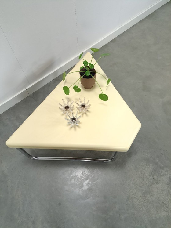 Image 1 of Space age triangular plastic table with chrome tubular frame legs