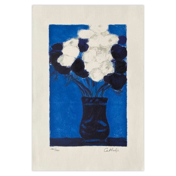 Image 1 of Bernard CATHELIN Anemoni blu e bianchi Litografia firmata 1995