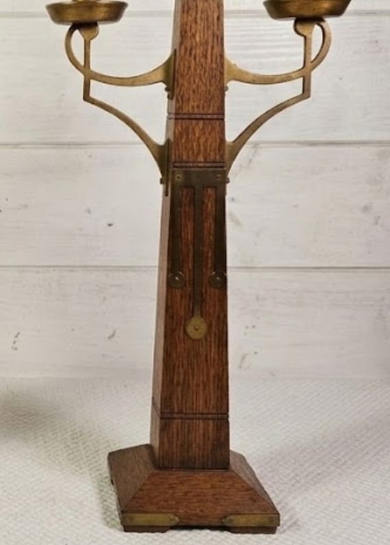 Rare Pair of Art Deco / Amsterdam School Candle holders, Amsterdamse School Kandelaars, Wood, Brass, Brown (photo 8 of 15)