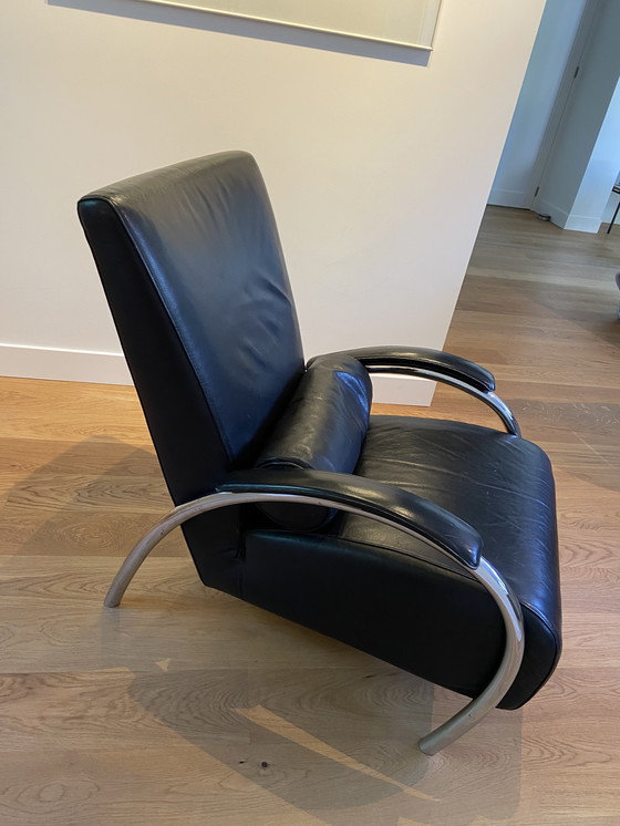 Image 1 of Fauteuil Molinari en cuir noir avec coussin à roulettes