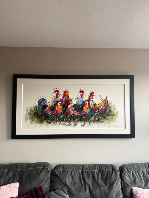 Kleurrijk schilderij van hanen en kippen - F. den Ouden - inclusief zwarte lijst