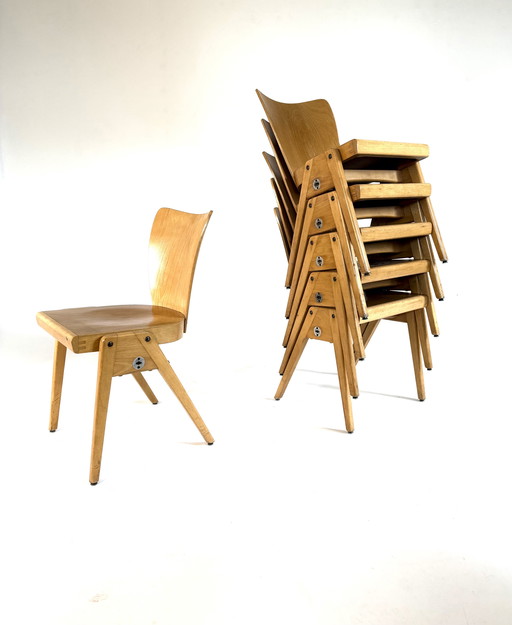 6 sedie impilabili vintage in compensato, Kaderer anni '60