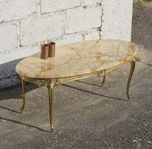 French Vintage oval Onyx Marble and Brass Coffee Table-Marble Cocktail Table-Lounge Table-Style Louis XV-60s