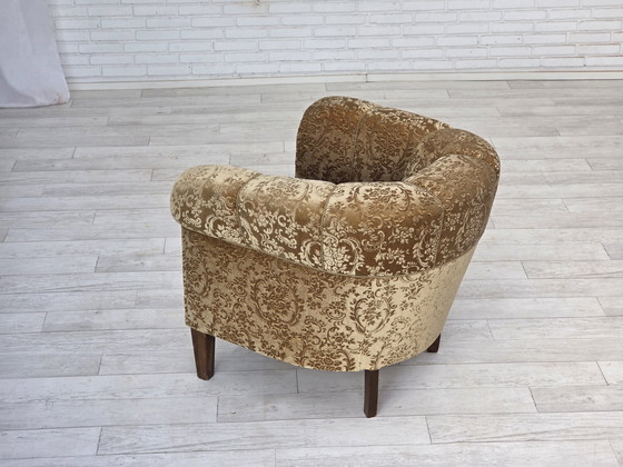 Image 1 of 1960s Danish Vintage Armchair, Green Furniture Velour, Ash Wood Legs