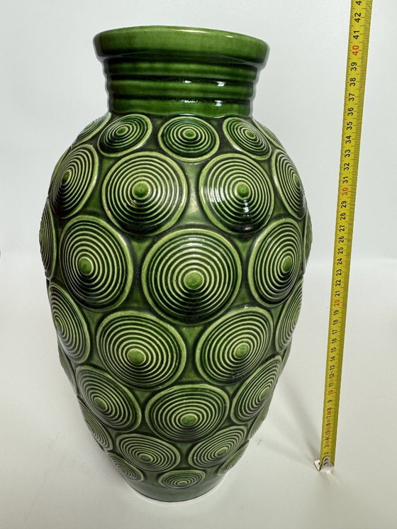 Image 1 of Large Mid-Century Ceramic Green Spiral Pattern Vase by Bay Keramik. West Germany, 1960s.