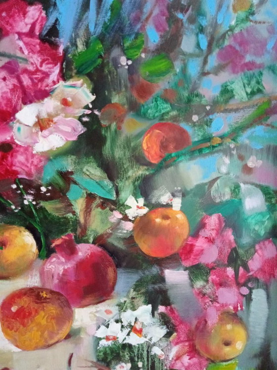 Peinture à l'Huile Originale Fleurs Abstraites Pommes Fruits – Peintures et dessins, Canvas (photo 4 of 8)