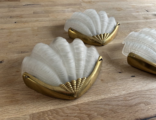 3x wall light shells - art deco - glass and brass