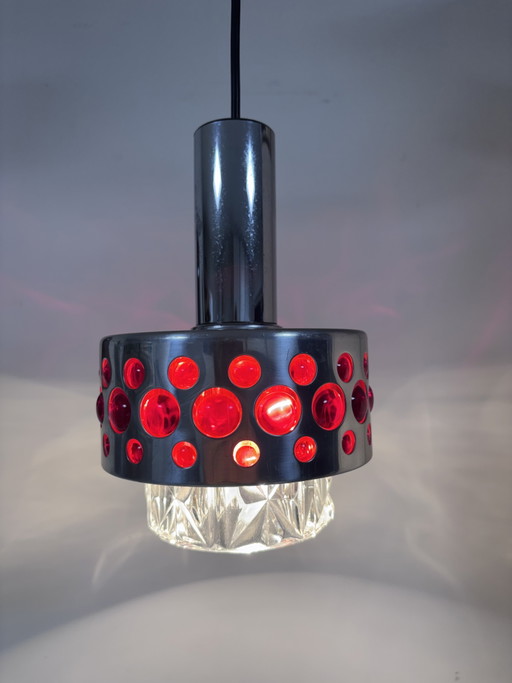 Lampada a sospensione originale Richard Essig Space Age (anni '70) in cromo e rosso rubino – hanglampen, Aluminium, Glass