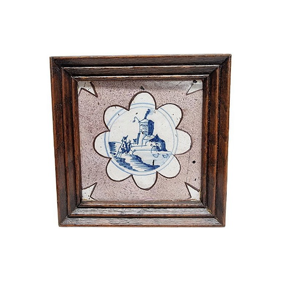 Image 1 of 3 antiek delfts keramieken tegels in eiken lijst, circa 1750
