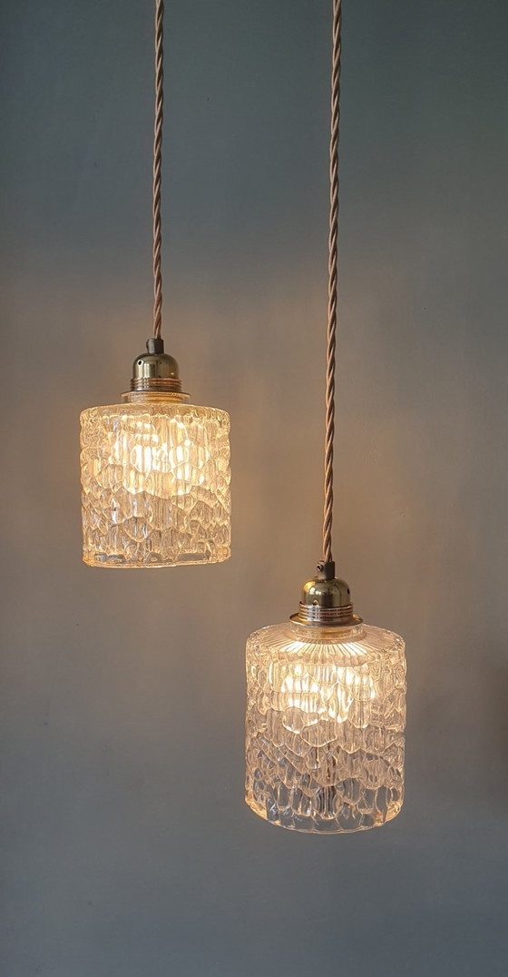 Image 1 of Set van 2 Vintage hanglampen - crackle glass - textuur - midcentury design