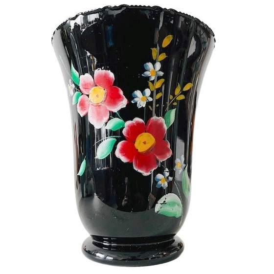 Image 1 of Grande vaso in vetro hyalith con fiori neri, anni '50