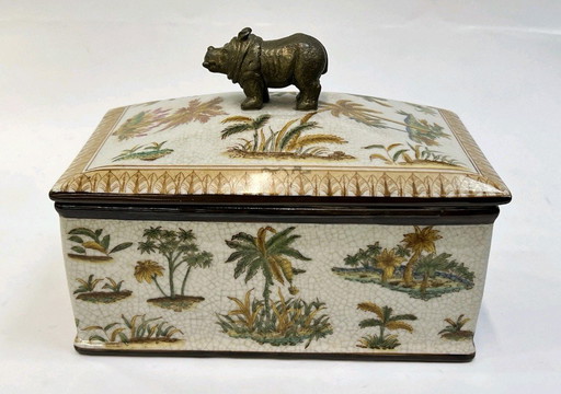 Ceramic trinket box with bronze hippopotamus decoration, rectangular porcelain unique jewelry box