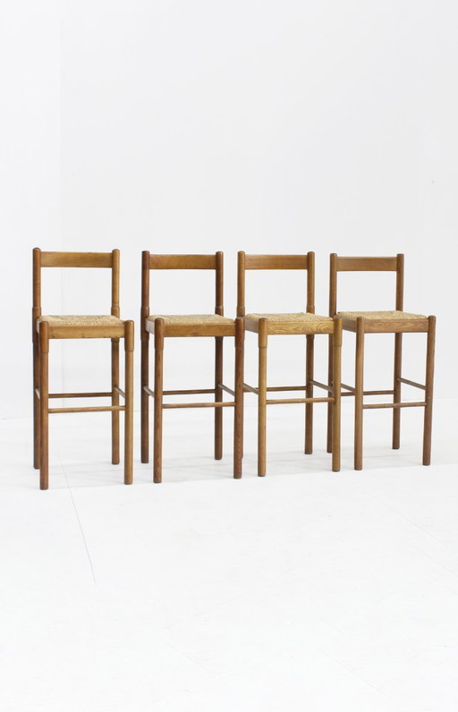 Vintage Vico Magistretti barkrukken set van essenhout en stro, Italië