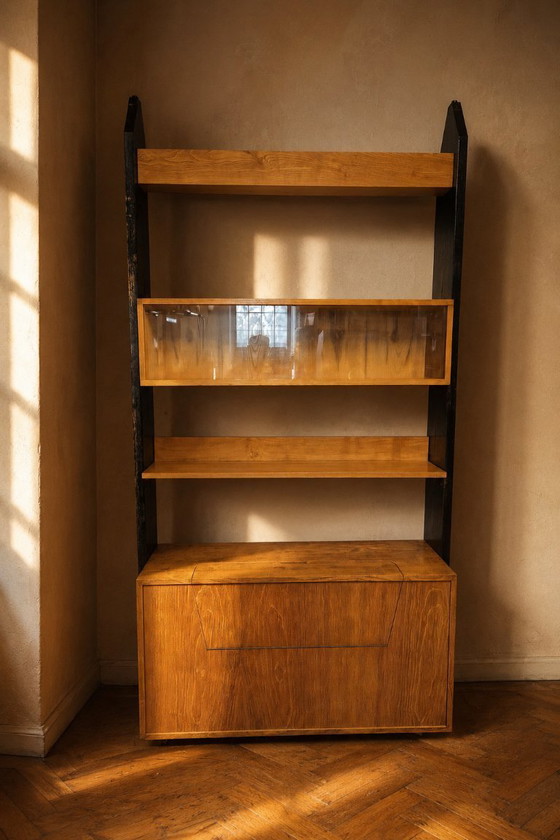 Image 1 of Vintage Czechoslovak Modular Wall Unit with Veneer Cabinets and Black Wooden Supports, 1960s–1970s