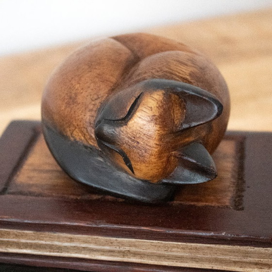 Image 1 of Teak Figurine of a Sleeping Cat on Two Books