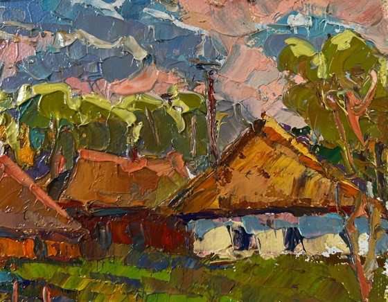 Image 1 of Original Oil Painting Evening Village Landscape Light and joy in every breath of air